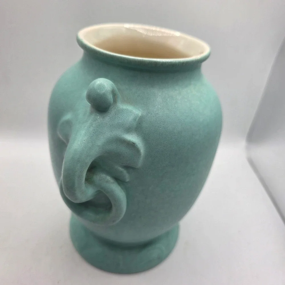 Vintage RumRill 340 Turquoise Art Pottery Vase Elephant Handles Art Deco USA